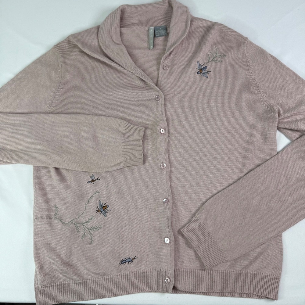 whim Silk Cashmere Embroidered Bee Cardigan Mauve Shawl Collar Size 3